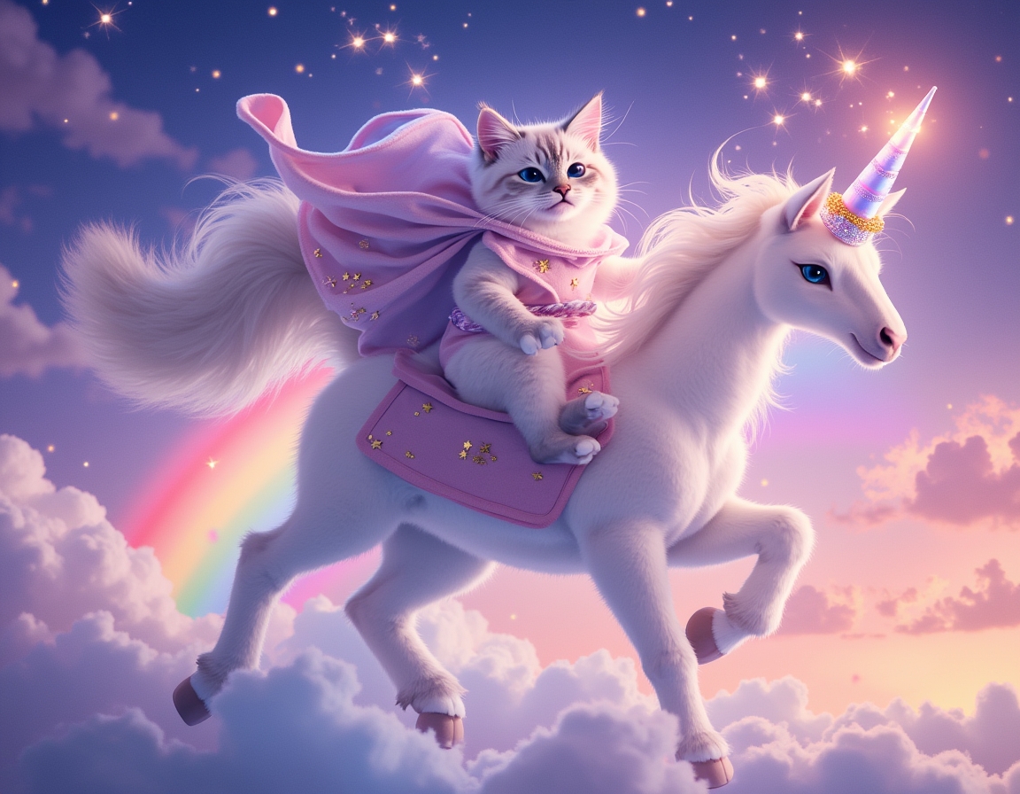 Cat rides a magical unicorn galloping across a rainbow, surrounded by glittering stars and fluffy clouds. The unicorn’s glowing horn creates a dreamy atmosphere.
